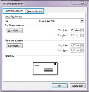 Umschlagoptionen-Fenster Umschlagoptionen-Fenster
