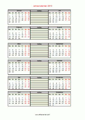 Jahreskalender 2013 mit Notizen Jahreskalender 2013 mit Notizen
