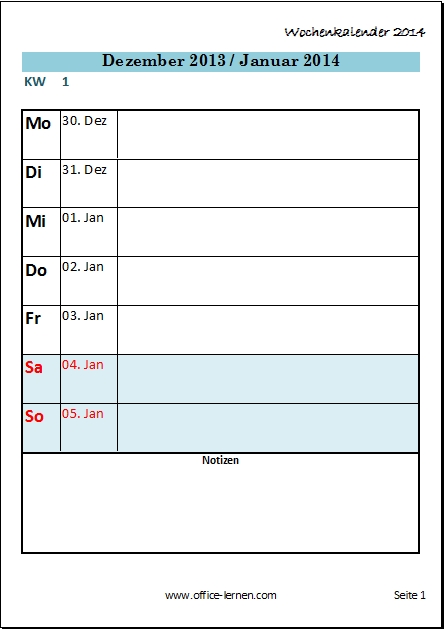 Excel Kalendervorlagen 2014 - Kalender 2014 - Office-Lernen.com