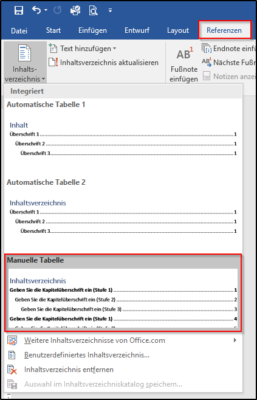 Inhaltsverzeichnis Manuelle Tabelle