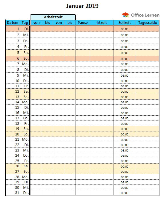 Excel Arbeitszeitnachweis Vorlagen 2018 Und 2019 Excel Stundenzettel