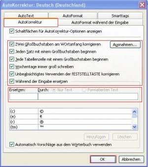 AutoKorrektur-Optionen AutoKorrektur-Optionen
