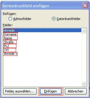 Datenbankfelder einfügen