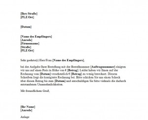 Anschreiben für die Korrektur einer Rechnung Anschreiben für die Korrektur einer Rechnung
