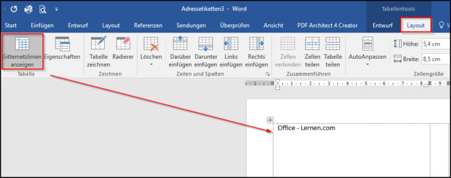 Gitternetzlinien anzeigen