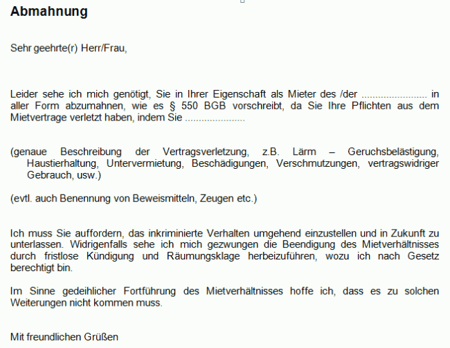 Mahnschreiben - Abmahnung Mieter