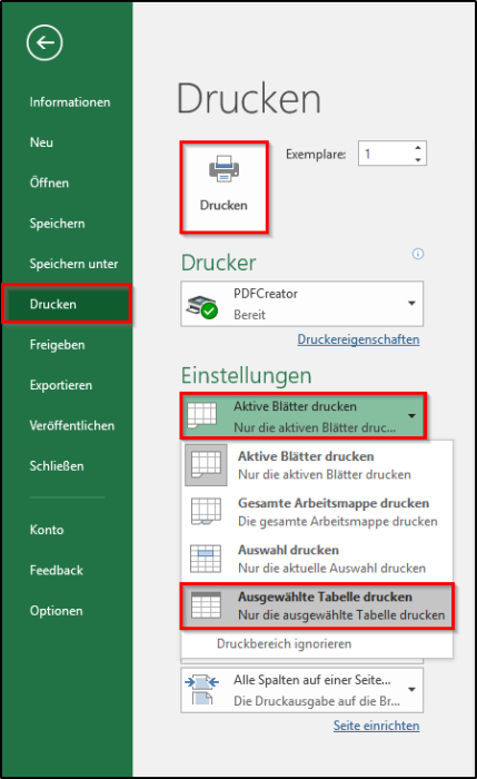 Ausgewählte Tabelle drucken