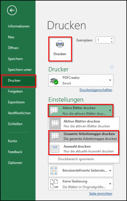 Gesamte Arbeitsmappe oder Auswahl drucken