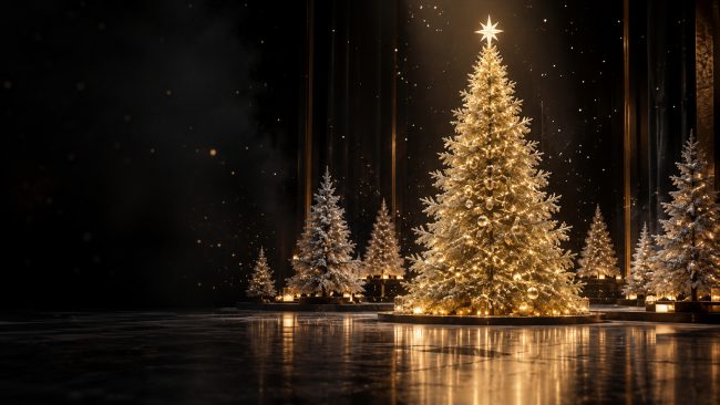 Leuchtender goldener Weihnachtsbaum in einer dunklen festlichen Kulisse