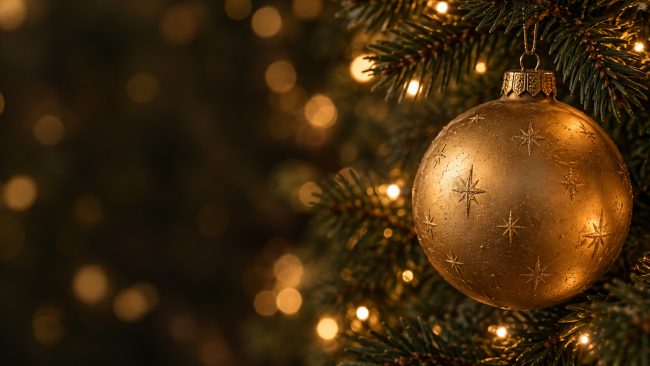Goldene Weihnachtskugel mit Sternen und warmen Lichtern