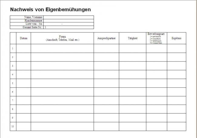 Nachweis über Eigenbemühungen (Bewerbungsnachweis)