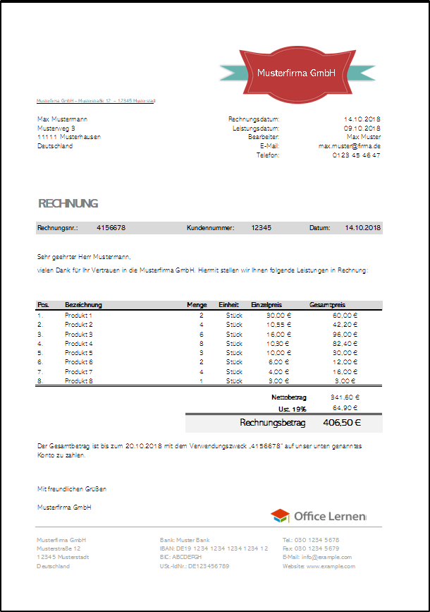 Rechnungsvorlagen und Muster zum herunterladen - Office-Lernen.com