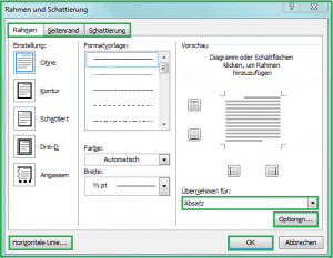 Dialogfeld Rahmen und Schattierung