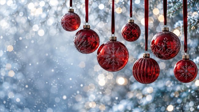 Mehrere rote Weihnachtskugeln vor silberblauem Lichterhintergrund