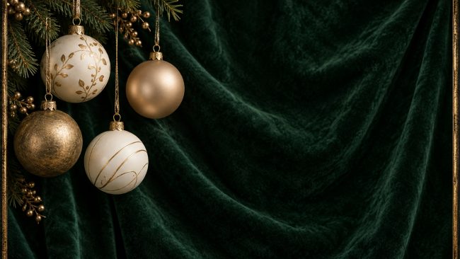 Weiße und goldene Weihnachtskugeln vor dunkelgrünem Samt