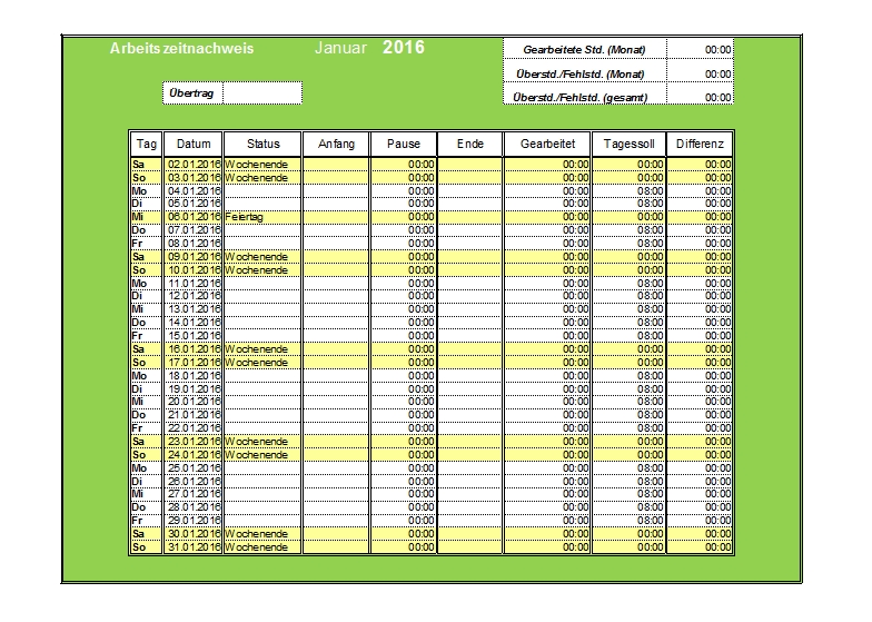 überstunden Tabelle Zum Ausdrucken: Arbeitszeitnachweis Vorlagen Feiertagen Lernen Office