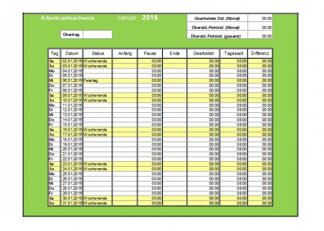 Arbeitszeitnachweis 2016 mit Überstunden und Feiertagen