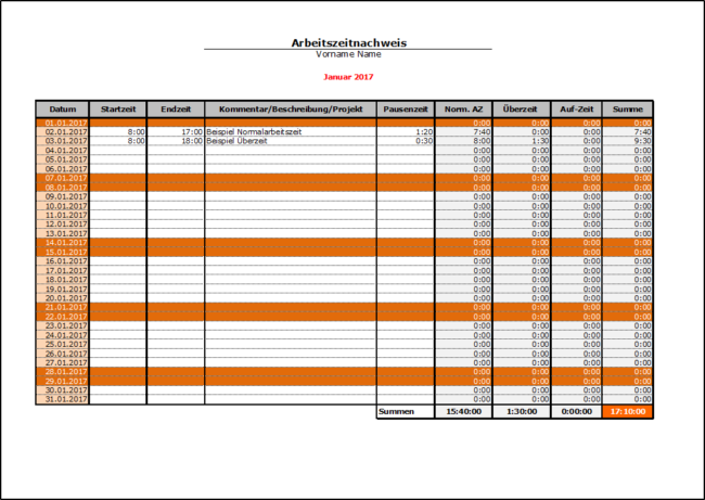 Arbeitszeitnachweis-2017 (Montag bis Sonntag mit Überstunden)