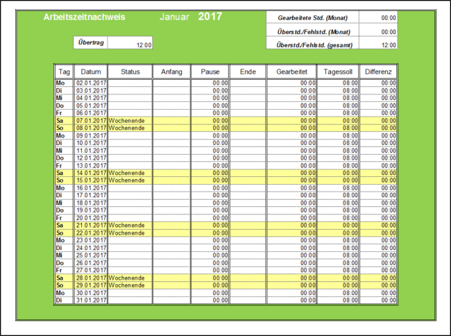 Arbeitszeitnachweis 2017 (mit Überstunden und Feiertagen)