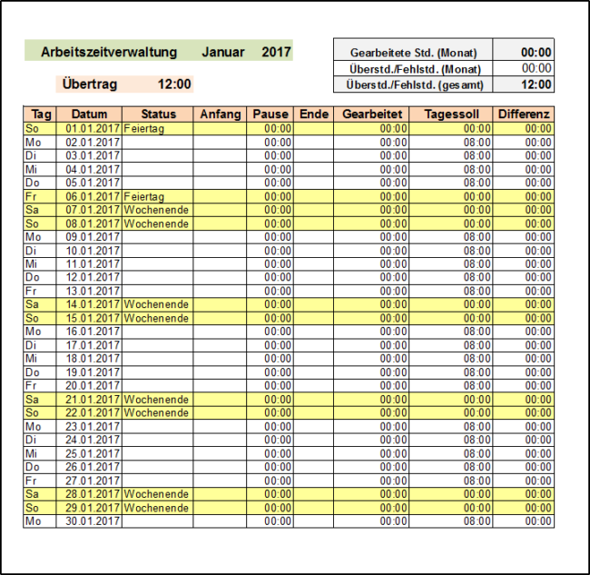 Arbeitszeitnachweis mit Soll und Differenz 2017