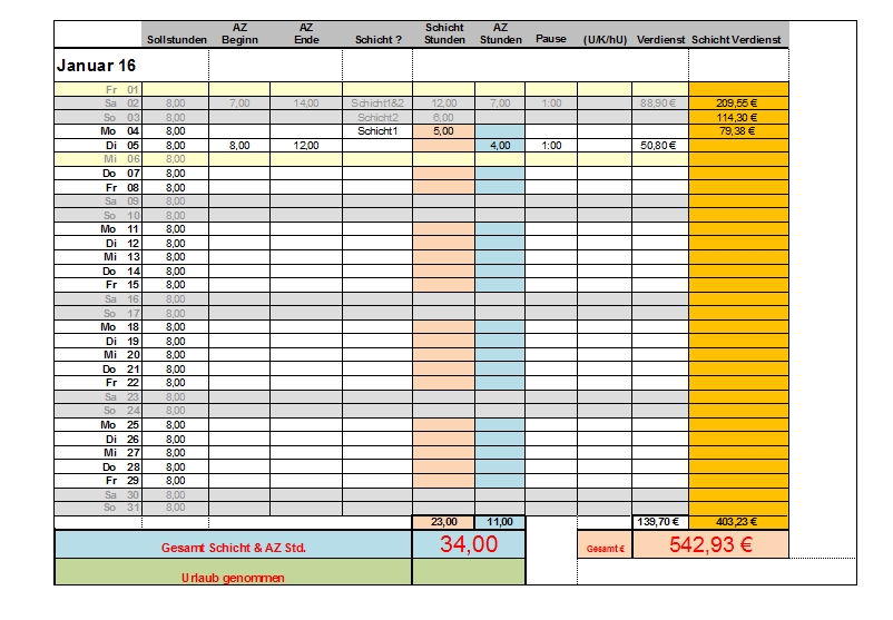 Arbeitszeittabelle 16 Mit Schichtzuschlagen Office Lernen Com