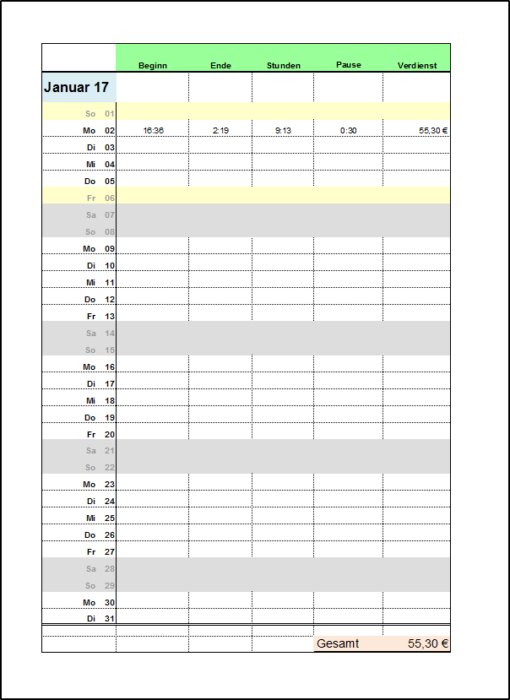 Arbeitszeitvorlage mit Stunden und Verdienst 2017