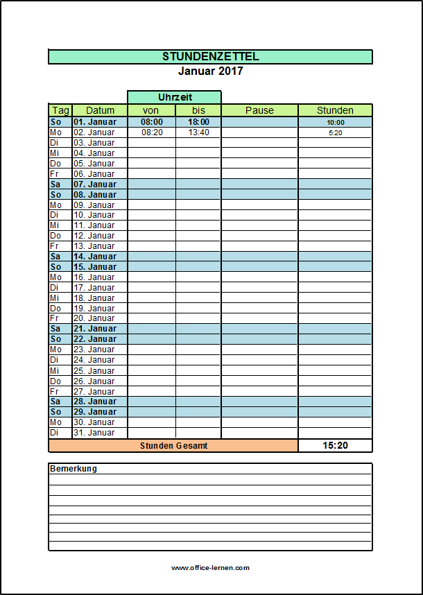 Excel: Arbeitszeitnachweis Vorlagen 2017