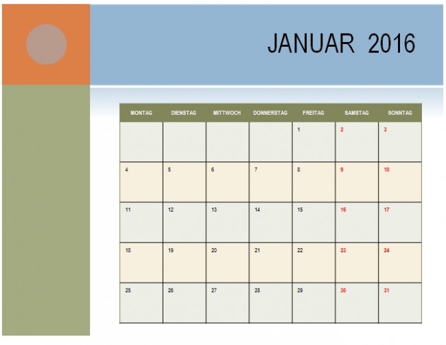 Monatskalender Elegant 2016 (Ohne Feiertage)