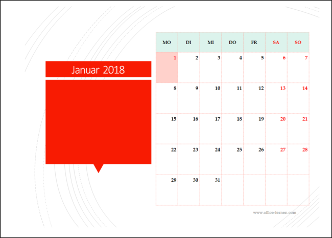 Monatskalender mit Feiertagen 2018
