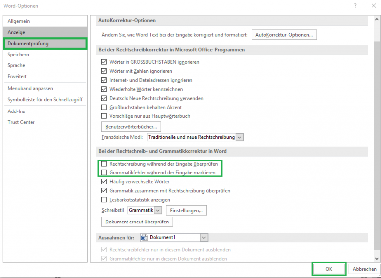 Rechtschreibung und Grammatik in WordDokument prüfen