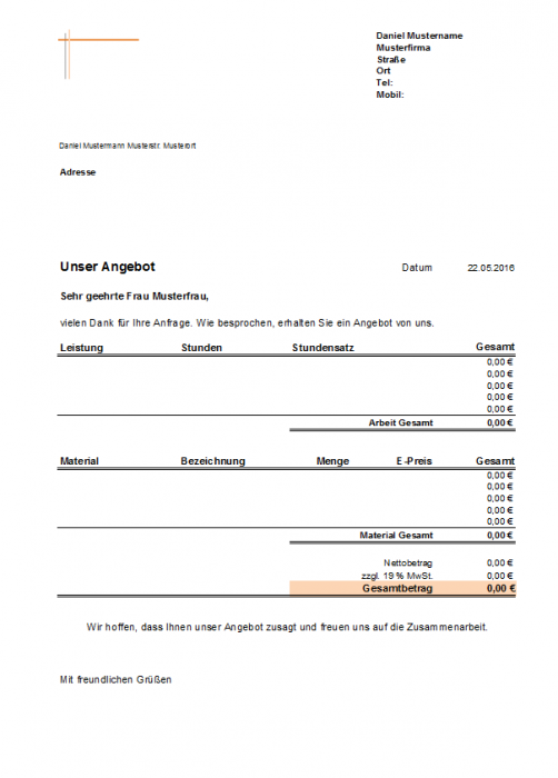 Angebot Arbeitszeit und Material