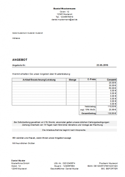 Excel Angebotsvorlage mit Kopf- und Fußzeile sowie Artikeltabelle
