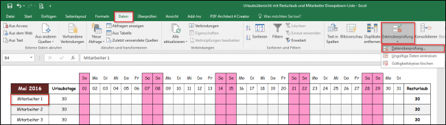 Excel-Screenshot des Menüs Datenüberprüfung auf der Registerkarte Daten