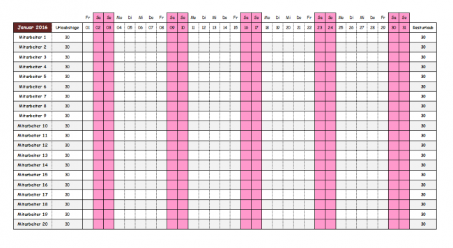 Excel Urlaubsübersicht mit Mitarbeiterliste Urlaubstagen und markierten Wochenenden