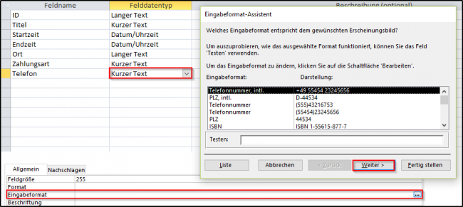 Eingabeformat festlegen