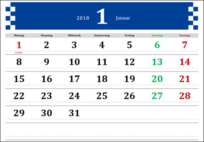 Monatskalender Blau 2018