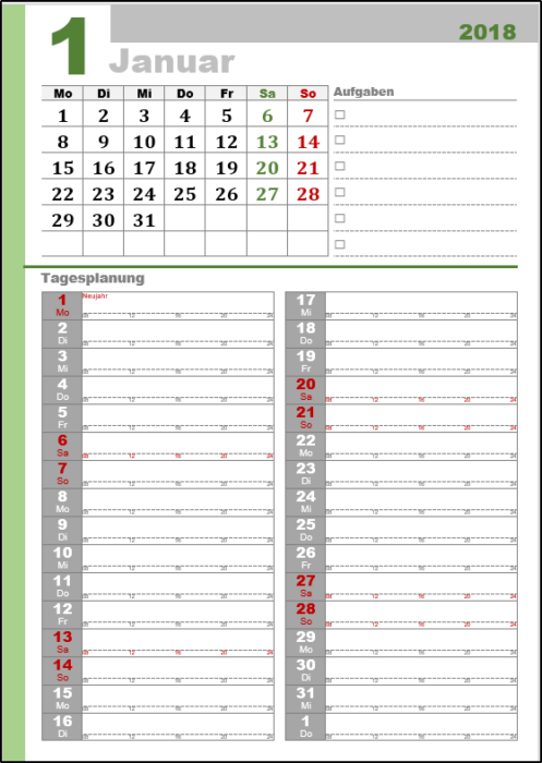 Monatskalender für zwei Personen 2018