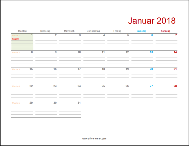 Monatskalender mit Feiertagen & KW 2018