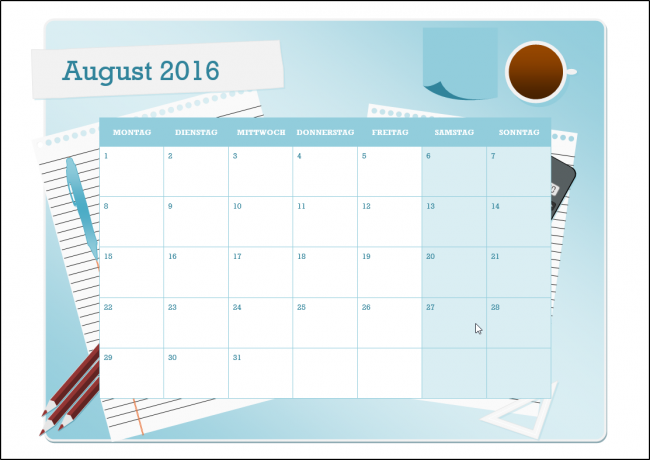 Monatsschulkalender Taschenrechner 2016-2017