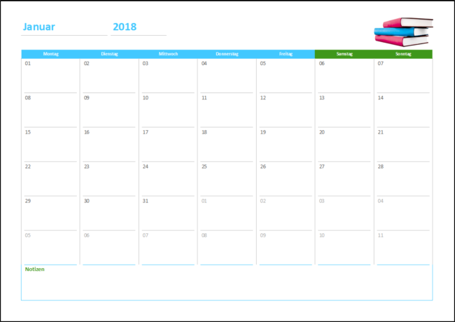 Schulkalender Vorlage für Januar 2018 mit Wochentagen und Bücherstapel Symbol