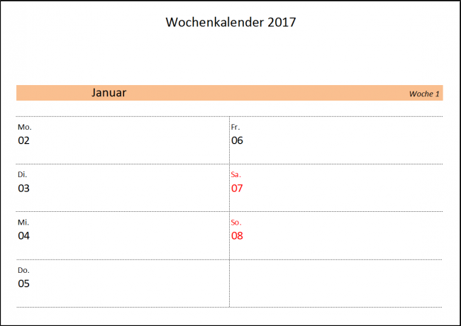 Wochenkalender mit Feiertagen 2017