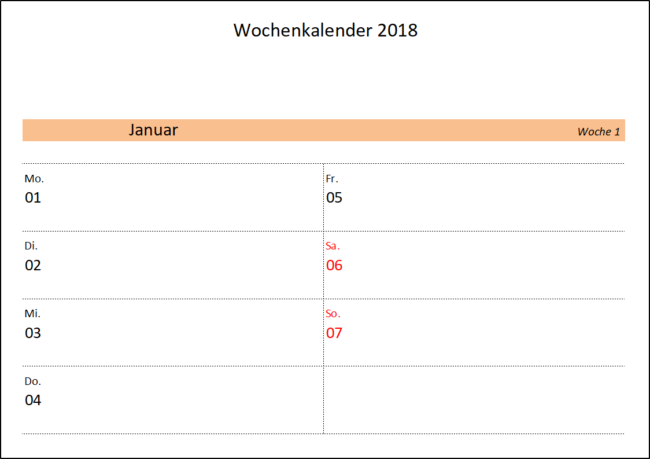 Wochenkalender mit Feiertagen 2018
