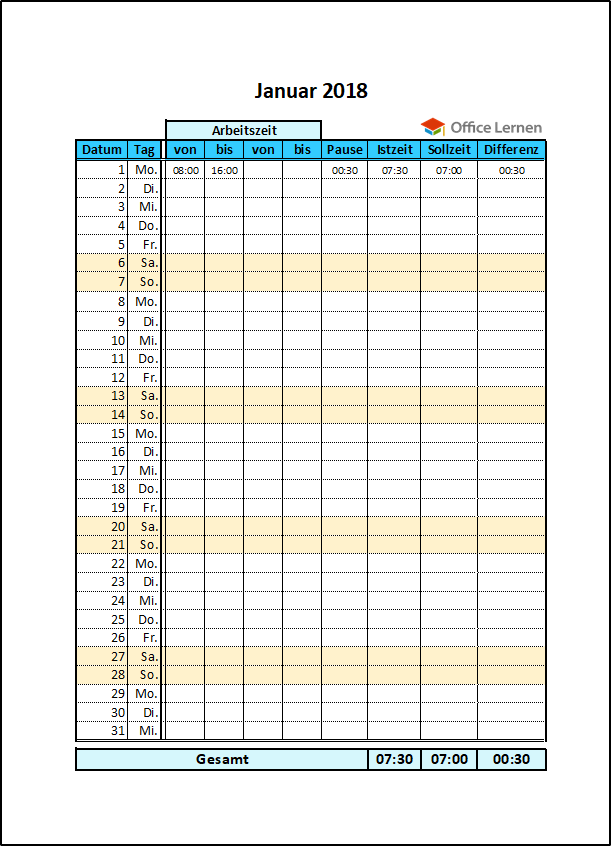 Excel: Arbeitszeitnachweis Vorlagen 2018