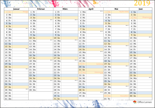 Halbjahreskalender Bunt mit KW und Feiertagen 2019