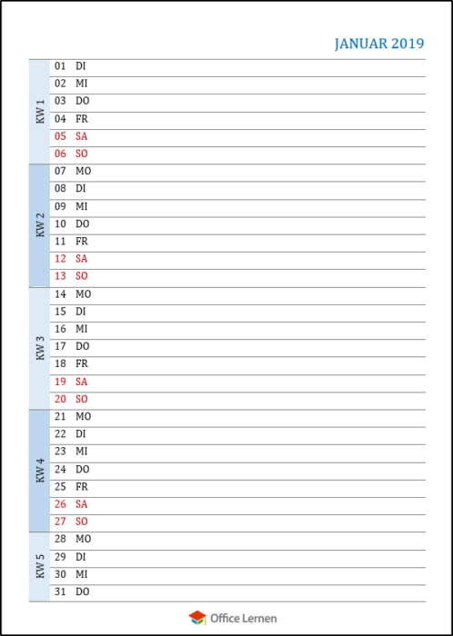 Monatskalender Blau 2019