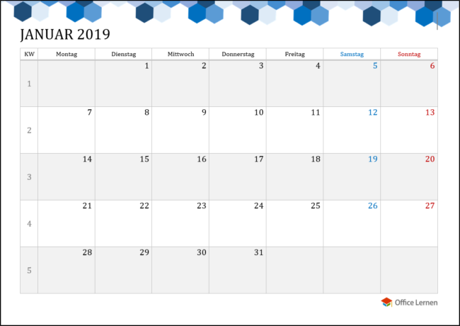 Monatskalender Blaue Quadrate 2019