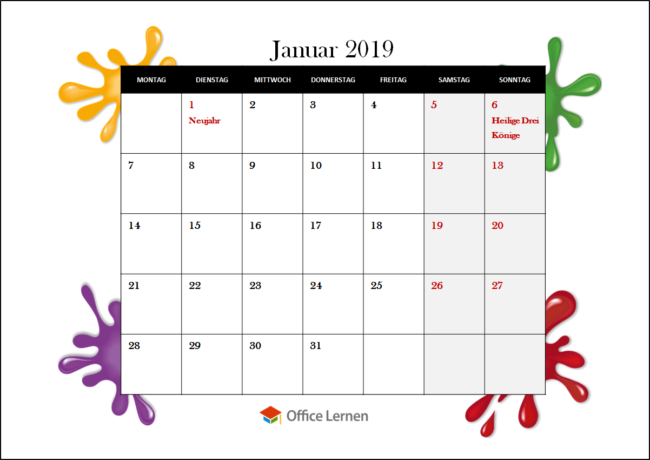 Farbe Monatskalender 2019