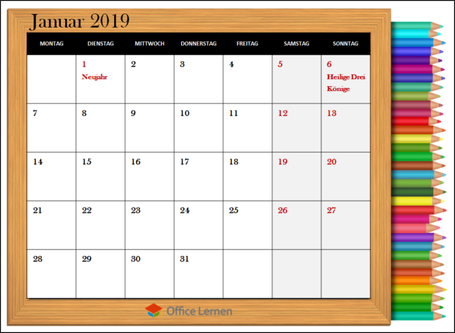 Schultafel Monatskalender 2019