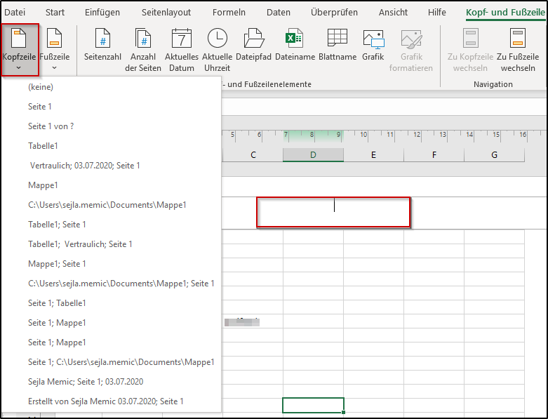 Excel Kopf und Fußzeile einfügen und bearbeiten