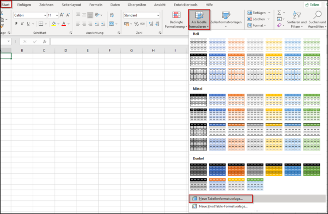 Neue Tabellenformatvorlage erstellen